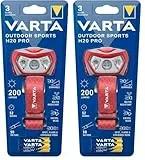 Varta Stirnlampe LED inkl. 3x AAA Batterien Kopflampe, Outdoor Sports H20 Pro, drei Leuchtmodi, spritzwassergeschützt, Dimmfunktion, mit schwenkbarem Kopf, rot (Packung mit 2)