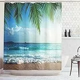 ABAKUHAUS Ozean Duschvorhang, Palmen Tropische Insel, mit 12 Ringe Set Stielvoll Modern, 175x200 cm, Blau und Grün