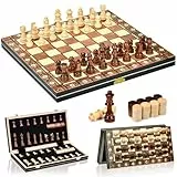 Aissom Schachspiel aus Holz, 2 In 1 Schachspiel, Schachspiel Magnetisch mit Stauraum, klappbar für Party Familie Aktivitäten,reiseschach, Kinder (39x39cm)
