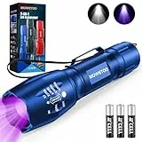 MOWETOO Taschenlampe, UV Lampe 2 in 1 Schwarzlichtlampe, 395nm Ultraviolette 4 Modi, Detektor für Unechte Banknoten, Urin von Hunde und Andere Haustiere Urin-Detektor 3 AAA Batterien 40W Blau
