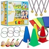 KreativeKraft Outdoor Spiele für Kinder Set Kindergeburtstag Spiele für Draußen Party Wurfspiele Gartenspiele Eierlauf Spiel Sackhüpfen Ringe (Deluxe-Sporttagesset)