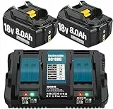 Hohe Kapazität 18V 8.0Ah/8000mAh Verbesserte 2X Ersatzakku für BL1860B + Dual Port 6A Ladegerät für DC18RD Kompatibel für BL1860B BL1860B BL1850B BL1840B BL1830 with LED Werkzeugakku.