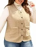 CMTOP Teddy Weste Damen Grosse Grössen Kurz Leicht Damen-Westen, Einfarbig Casual Fleeceweste Bequem Wärme Plüschweste Herbst Winter V-Ausschnitt Ärmellos Jacke mit Knöpfen, Taschen(Khaki,5XL)