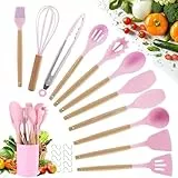 Küchenutensilien Set - 22 Stücke Silikon Küchenhelfer - Küchen Hitzebeständiger Kochbesteck Set - Pfannenwender Set - mit Utensilienhalter und 10 S Haken (Rosa)