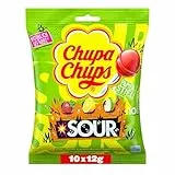 Chupa Chups saure Lutscher, Nachfüll-Beutel mit 10 extra sauren Frucht-Lollis in den drei Geschmacksrichtungen Apfel, Erdbeere, Zitrone, geeignet für Geburtstag, 10 x 12g