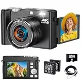 4K Digitalkamera, 64MP UHD Kompaktkameras - 2.8 Inch 180 Grad Autofokus Wiederaufladbare Vlogging-Kamera mit 32GB Karte &2 Akkus, 18X Digitalzoom für Kinder Anfänger Jugendliche