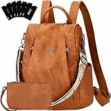 Eshow Rucksack Damen Klein, Anti-Diebstahl Elegant Cityrucksack, Wasserdichter Tagesrucksack Veganes Leder, Rucksacktasche mit Clutchbag RFID Blocker Modern für Pendeln Schule Arbeit Reise Braun