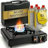 Fabona Gaskocher mit 4 Kartuschen - Campingkocher 2,2 kW mit Piezozündung - Camping Gaskocher mit Transportkoffer - Kartuschenkocher - Gas Kocher für Camping, Outdoor, Stromausfall