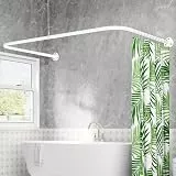 Duschvorhangstange U Form & L Form, (60-93) X (77-197) X (60-93) CM Verstellbare Duschstange U Form mit 12 Vorhangringen und Deckenstütze für Badewanne/Dusche, Bohren Erforderlich - Weiß