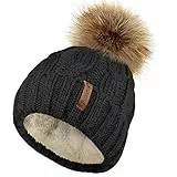 TOSKATOK Damen Chunky weichen Kabel Stricken Hut mit gem�tlichem Fleecefutter und abnehmbarem Kunstpelz Pompom-Black