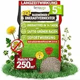 TerraUno Rasendünger mit Unkrautvernichter extra stark, 100 Tage Langzeitwirkung, 5 kg für 250 m², gegen Löwenzahn, Klee uvm., Rasenunkrautvernichter mit Dünger für saftiges Grün im Frühjahr & Sommer