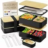 Umami Lunchbox Erwachsene, Auslaufsichere Bento Box mit Fächern und 4 Bestecke, Brotdose Erwachsene, Salatbehälter To-Go, Lunch Box für Picknick/Büro, Schwarz & Beige, 1200 ml