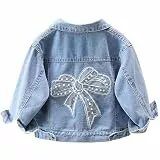 SXSHUN Kinder Jeansjacke Mädchen Jeans Jacke mit Bestickten Blumen Denim Jacket Süß Kinderjacke mit Schleife Outdoor Cowboy Mantel, Blau+Schmetterling 2, 134-140