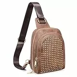 UTO Brusttasche Damen Nieten mit Breiter Verstellbarer Gurt Sling Bag Groß Bauchtasche Stylisch Wasserdicht Reise Crossbody Bag Hüfttasche Gürteltasche Umhängetasche Freizeit Arbeit Sport Braun
