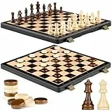 Peradix 38CM Schachspiel Holz Hochwertig - 2 In 1 Magnetisch Schachbrett Holz, Reiseschach für Kinder und Erwachsene, Naturholzfarben, Schachspiel & Checkers Set