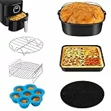 Air Fryer Zubehör Set, 6 StÜCk Inkl. Quadratischem Kucheneimer/Quadratischer Pizzapfanne/Metallhalter/Mehrzweckgestell Mit Spießen/Silikonmatte,Passend FÜR Alle Marken Größer Als 5,5 L