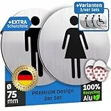 SCHILDERBOXX® WC Schild Selbstklebend - 2er Set Toilettenschild Damen und Herren [Ø75mm, 100% Alu, 3M Tape] – Türschild Toilette Aufkleber Tür, WC-Schilder, Toilettenschilder