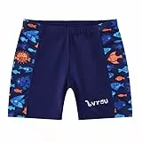 NautySaurs Jungen-Badehose, hohe Elastizität, marineblaue Badeshorts, tropische Fische, schnelltrocknende Bademode für große Kinder im Alter von 7–14 Jahren, Blaues Patchwork, 13-14 Jahre