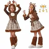 BuzzoXerex Reh Kostüm Kinder Mädchen, Karneval Kostüm Kinder Tier Set mit Haarreif, Gesicht Aufkleber, Tierkostüm Reh Kleid für Faschingskostüme Kinder Karneval Party (XL)