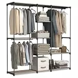 SONGMICS Kleiderschrank, Kleiderständer, freistehende Garderobe, mit Kleiderstangen, Garderobenständer, Stoffablagen, Metallrahmen, 182 x 43 x 182 cm, Taupe RYG037R02