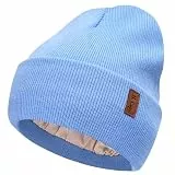Bequemer Laden Damen Winter Warm Beanie Mütze Strickmütze mit Satin Gefüttert Thermo Wintermütze Lässig Mützen Cap, Denim Blau