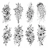 Acevegue Temporäre Realistisch Tattoos Frauen Set, 10 Blatt Blume Arm Tattoo Aufkleber Beine Päonie Rose Fake Tattoo, Wasserdicht 3D Pfingstrose Tattoo schlangen Damen Skizzieren Klebetattoos