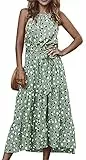 ZIYYOOHY Damen Sommerkleider Sexy Ärmellos Punkte Kleid Spaghetti-Trägerkleid Cocktailkleid Strandkleider Maxikleider mit Gürtel (Grün-013, XL)