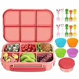 Amathley Brotdose Kinder mit FäChern,Bento Box Kinder,Brotdose Erwachsene,1200ml Lunchbox snackbox mit 6 FäChern,Saucenbehälter,10 Cartoon Bento Obstgabeln und 4 Muffinförmchen (Rosa Beere)