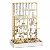 SONGMICS Schmuckständer, Schmuckhalter, Metallrahmen, Schmucktablett Samt, Schmuckaufbewahrung für Halsketten Armbänder Ohrringe Ohrstecker Ringe, Geschenkidee, goldfarben JJS021A01