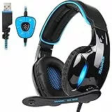 SADES SA902 Stereo Gaming Headset 7.1 USB Surround Sound PC Headsets Over-Ear Gaming Kopfhörer mit Mikrofon LED Licht Schwarz Blau