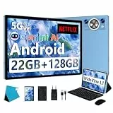 AI Tablet 10 Zoll Android,Tablets mit Tastatur, 8000mAh ,Octa-Core 2.0Ghz, 5G+2.4G WLAN, 22GB RAM+128GB ROM TF 2TB, BT 5.0, GPS, Widevine L1, Gesichtserkennung, 1280*800, 8+5MP, Tablet mit Maus - Blau