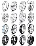 CASSIECA 16 Stück Edelstahl Herren Ringe Silber Schwarz Matt Finish Poliert Band Ring Keltischer Knoten Vintage Biker Ringe Wikinger Verlobungsringe für Herren Männer Größe 57