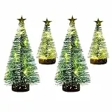 4 Stück Mini Weihnachtsbaum mit Licht 15cm/10cm Mini Schnee Frost Bäume LED Tisch Kiefernbäume mit Holzsockel Künstlicher Weihnachtsbaum mit Lichterkette für Winter Xmas Heim Büro DIY Desktop Dekor