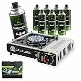 CAMPLORA Gaskocher + 8 Gaskartuschen + Tragekoffer mit Piezozündung - Campingkocher 2,2 kW - inkl. Sicherheitsabschaltung - Gaskocher Camping, Camping Kocher 1 flammig MSF-1a
