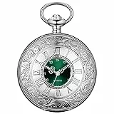 BOSHIYA Vintage Herren Taschenuhr mit Kette Einzigartiges Grün Römischen Ziffern Zifferblatt Analog Quarz Taschenuhr für Herren Silber