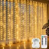 ZAIYW 144 LED Lichtervorhang Innen, 2,4M x 1,8M Lichterketten Vorhang Batterie mit Fernbedienung Timer 8 Modi, Wasserdicht Lichtervorhang Fenster für Hochzeit Party Innen Außen Deko (Warmweiß)
