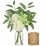Hollyone Künstliche Blumen Rosen mit Vase, Falsche Rose Blumen Weiß, Faux Pflanzen und Blumen in Vase, Hortensie Seidenblumen in Glasvase für Tisch Centerpiece, Haus, Büro, Hochzeit Dekoration