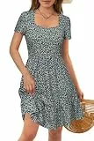 VOTEPRETTY Damen Sommerkleid Kurzarm Leicht Quadrat Ausschnitt Blumen Kleid mit Taschen Freizeit Strandkleid M
