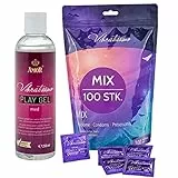 VIBRATISSIMO Kondome Mix 100er Pack gemischt & Gleitgel Set | gefühlsecht & extra feucht | Beutel dünne Wandstärke & Aromatisiert | hauchzart genoppt & gerippt