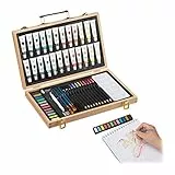 Relaxdays Malkoffer, 56-tlg. Malset Holz, Zeichenset mit Radierer, Anspitzer, Bunt- & Bleistiften, Ölfarben, natur