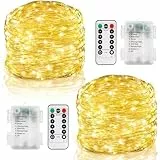CCILAND 2 Stück Lichterkette Batterie, 12M 120 LED Lichterketten mit Fernbedienung und Timer, Akku Lichterkette Draht Wasserdicht für Innen Außen Weihnachten Hochzeit Deko (Warmweiß)