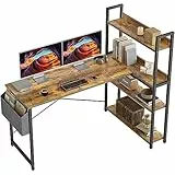CubiCubi Schreibtisch mit Regal,Eckschreibtisch für Heimbüro,Kleiner L-förmiger Computertisch mit Ablagefächern,Bürotisch mit Aufbewahrungstasche, 120cm Braun.