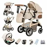 Gcarebb 3 in 1 Kinderwagen, Buggy Mit Auto Babyschale, Mit Höhenverstellbarer Kinderwagen Komplettset, KombiKinderwagen Mit Aluminiumrahmen für Neugeborene 0-4 Jahre