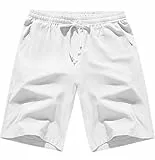 CMTOP Kurze Hosen Herren Sommer Leinenhose Kurz Leichte Luftige Herren-Shorts Einfarbige Baumwolle Locker Kurze Freizeithose Elastische Taille Sommershorts mit Taschen und Tunnelzug(Weiß, M)