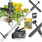 KESSER® Unkrautstecher mit Stiel | Unkrautentferner mit T-Griff & Fußpedal | Gartenwerkzeug effizientes Entfernen von Unkraut 3 Stahlzähne & Sprungfeder | Wurzelentferner mit Handschuhe & Schutzkappe