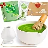 Goodwei Matcha Latte Set mit hochwertiger Matchaschale aus Keramik mit Ausgießer, Matchabesen und Besenhalter | Geschenkset für Teezeremonie mit BIO Matcha & Cocos Matcha Latte (Camellia White)
