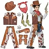 BuzzoXerex Cowboy Kostüm Kinder, 11 Stück Western Cowboy Set Kostüm, Cow boy Costume Kinder mit CowboyHut, Cow boy Weste, Halstuch, Gürtel für Karneval, Cosplay Party, Bühnenshows (B, M)