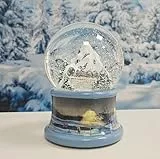 Weihnachts-Schneekugel mit Musik | Schneekugel Berglandschaft mit Brücke | Sockel Winterlandschaft blau | 100mm breit, 140mm hoch | mechanische Spieluhr | Dekoration | 20287
