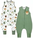 Chilsuessy Baby Schlafsack mit Füßen 2er Pack 1.5 Tog Kinder Ganzjahres Schlafsack 100% Baumwolle Baby Schlafsack mit Beinen, 1.5 Tog/Grün + Wald Tiere, 80cm/Baby Höhe 85-95cm
