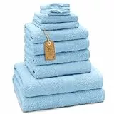 Green Mark Handtuch-Set mit 10 Teilen – 100% Baumwolle – 4 Handtücher 50×100 cm, 2 große Duschtücher 70×140 cm, 2 Gästetücher 30×50 cm und 2 Waschhandschuhe – Hellblau